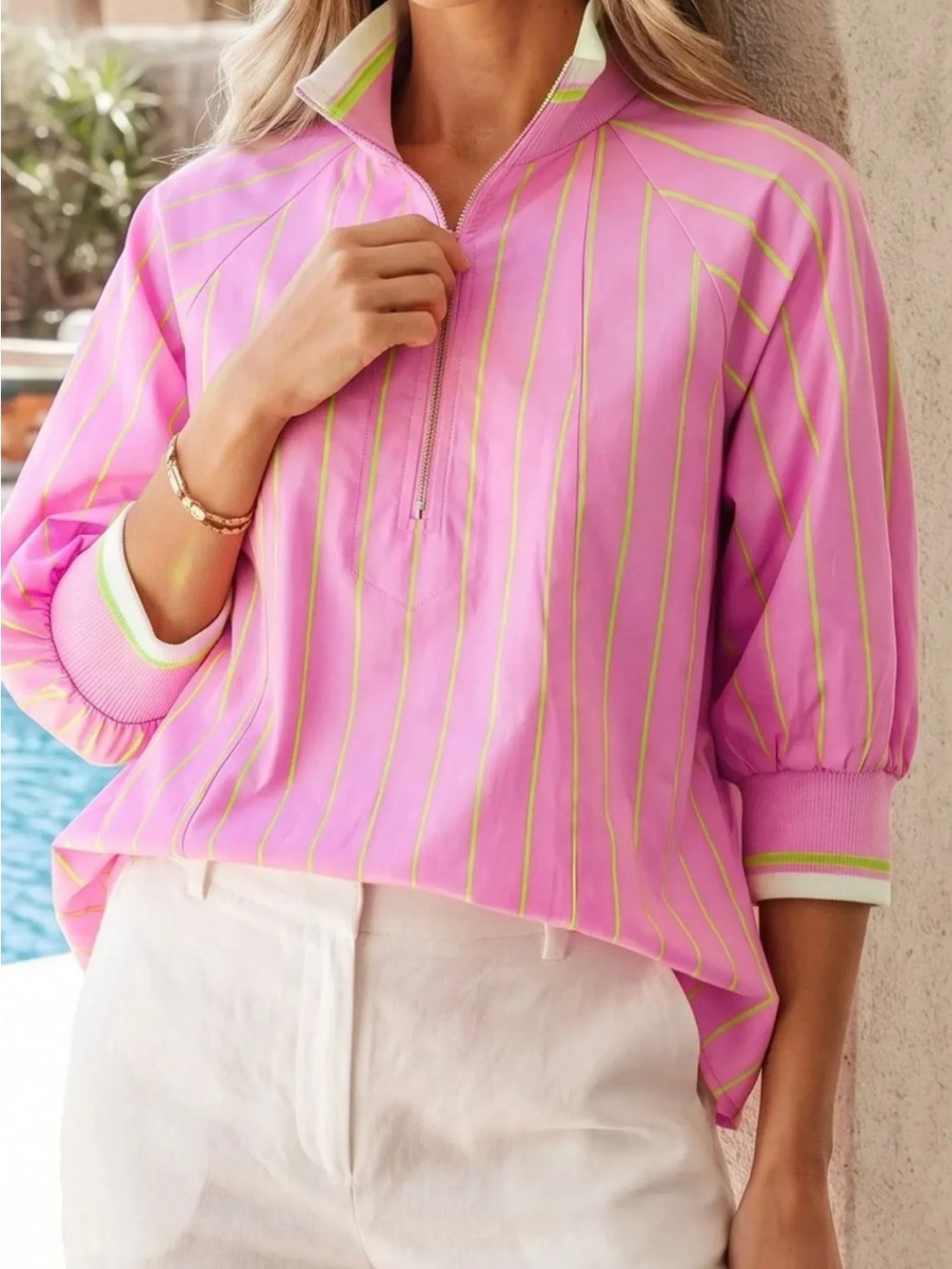glam Pink Stripe Half-Zip Pullover with Lime Trim